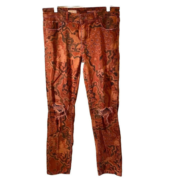 Pilcro Anthropologie The Slim Boyfriend Jeans Orange Motif Distressed Sz 26 Punk - Picture 1 of 13